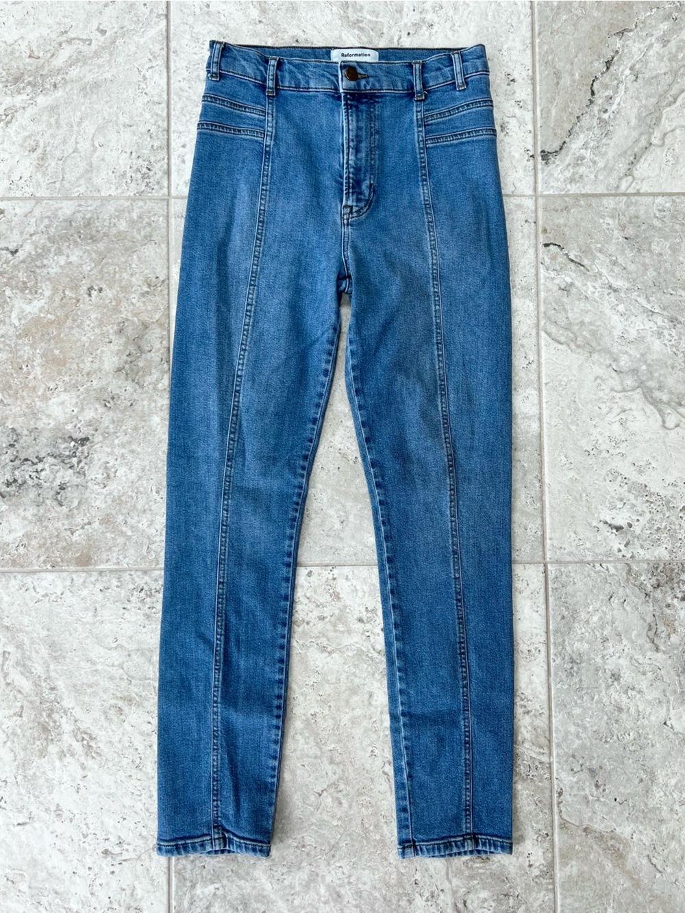 Reformation High Rise Skinny Leg Jeans in Rhine Med Blue Wash (PO# 9843), sz 27